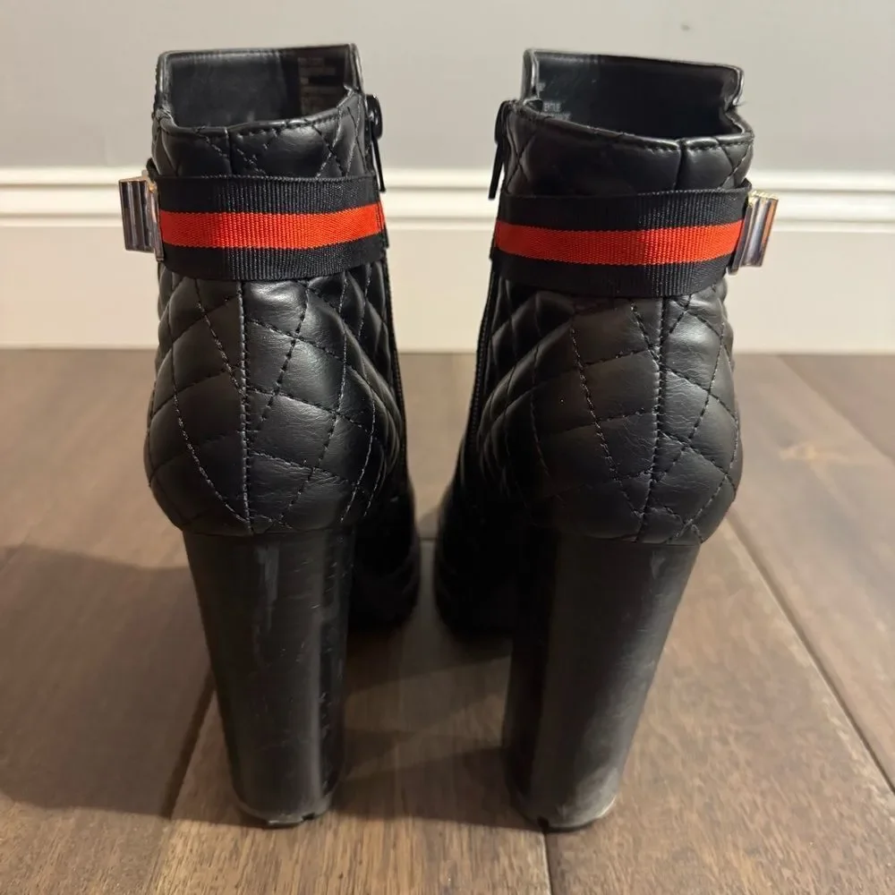Faux Leather Black Chunky Quilted Platform Zip Up Chic Heeled Booties Boots 8M